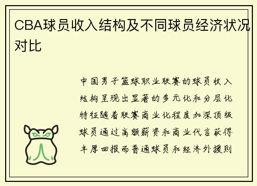 CBA球员收入结构及不同球员经济状况对比